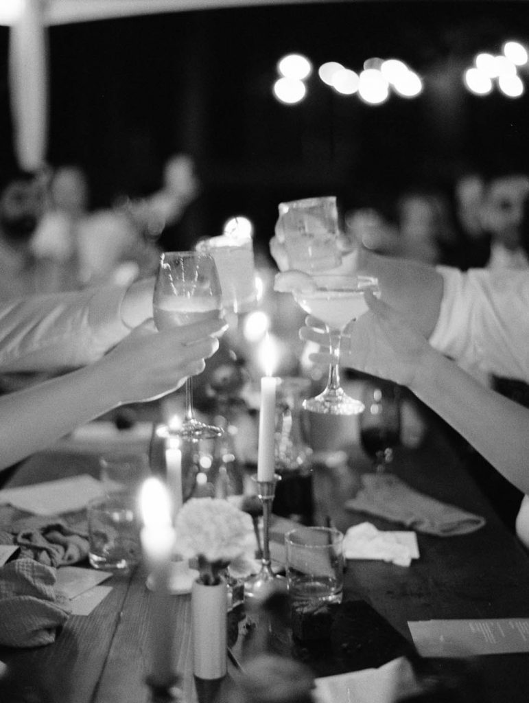 guests toast their drinks in honor of the new couple