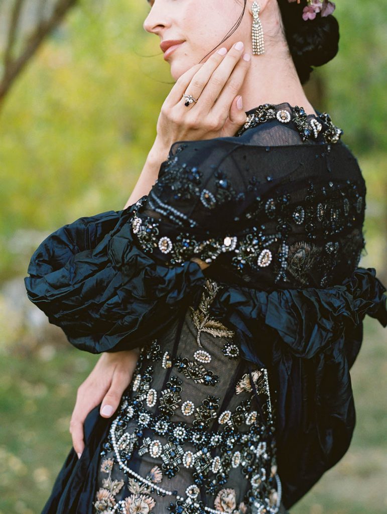 black opulent gown by Marchesa and styled by East Made Co