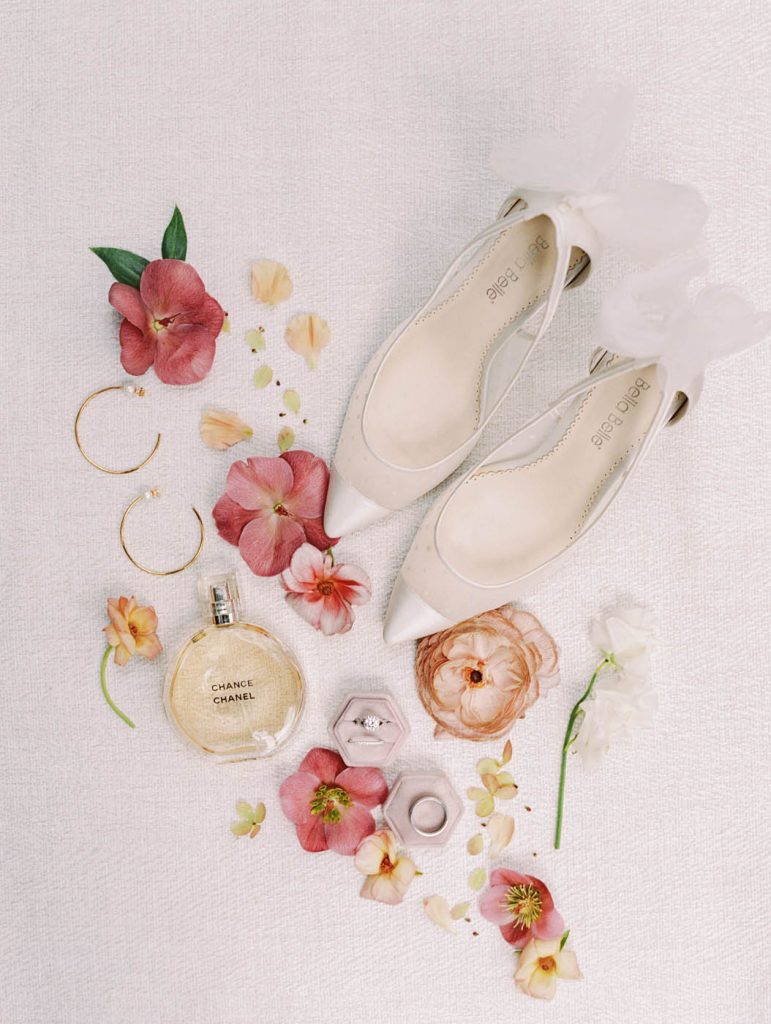 a romantic, airy flatlay of bridal details