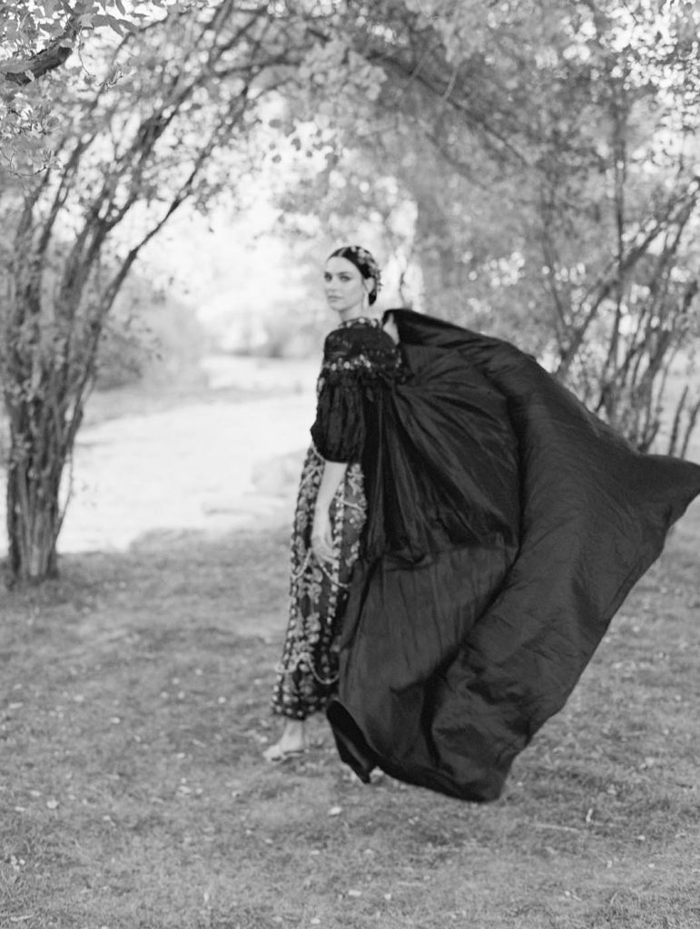 marchesa gown with cape editorial at 4U ranch