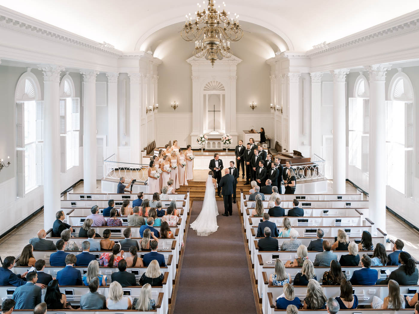 An overhead shot of the ceremony at Robert Carr chapel